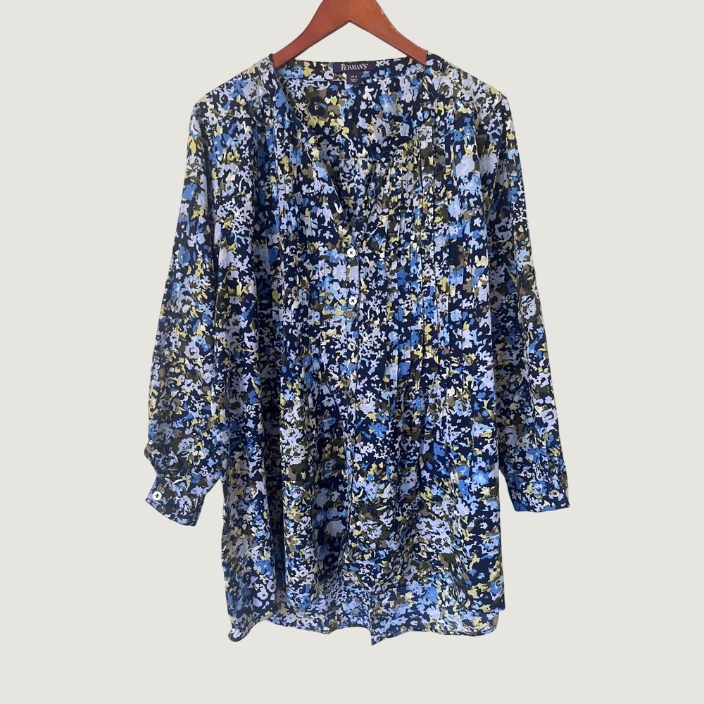 Roamans Womens 20W Blue Floral Pintuck Cotton Long Sleeve blouse cottagecore